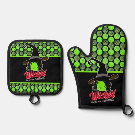 Geweldige Pickleball Witch Wicked Halloween Ovenwant & Pannenlap Set (Voorkant)
