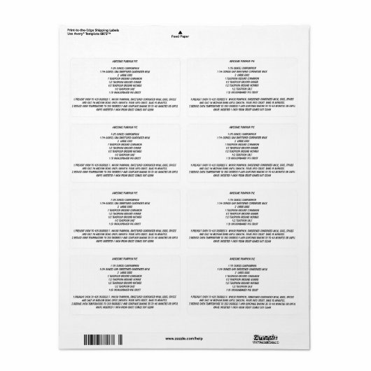 Geweldige pompoentaart REcipe Etiket (Full Sheet)