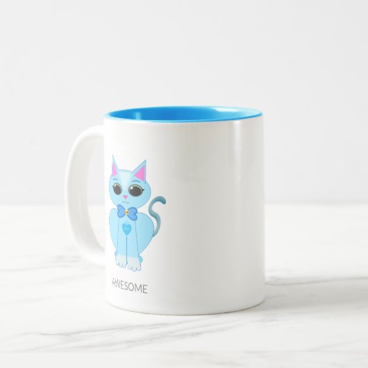 Geweldige schattige lichtblauwe kitty kattenkoffie tweekleurige koffiemok (Voorkant links)