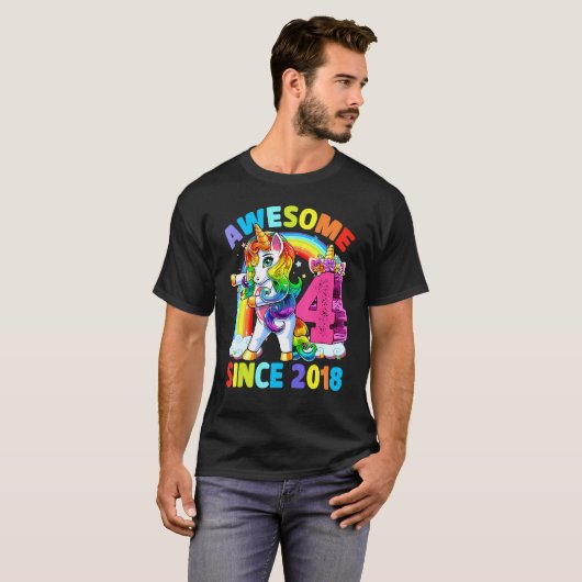 Geweldige sinds 2018 Dabbing Unicorn 4th Birthday  T-shirt (Voorkant volledig)