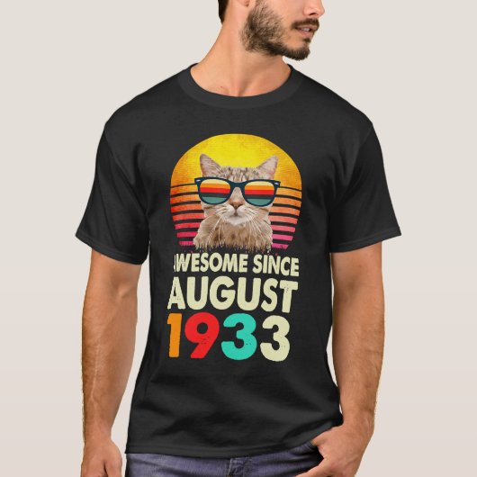 Geweldige sinds augustus 1933 90e geboortedag kat t-shirt (Voorkant)