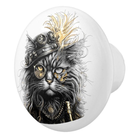 Geweldige Steampunk Kat Keramische Knop (Rechts)
