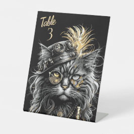 Geweldige Steampunk Katten Tafel Nummer Reclamebord Met Voetstuk