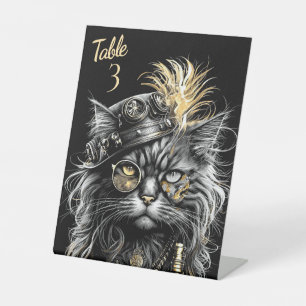 Geweldige Steampunk Katten Tafel Nummer Reclamebord Met Voetstuk