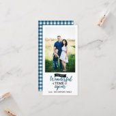 Geweldige tijd Blue Gingham Holiday Foto Kaart (Voorkant / Achterkant in situ)