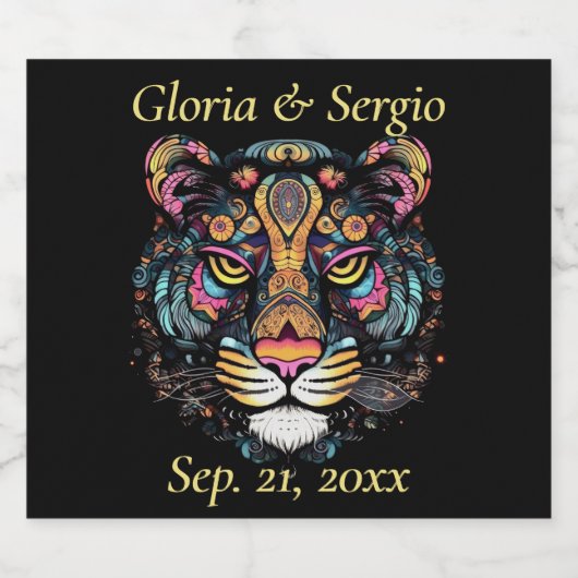 Geweldige Tijgerkop Namen en Datum Sparkling Wijnetiket (Enkel label)