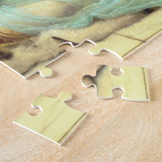 Geweldige vrouw in blauw met groene vogel legpuzzel (Zijkant)