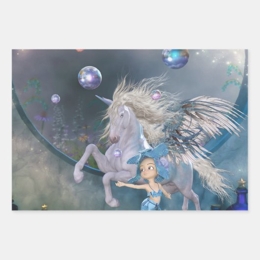 Geweldige witte eenhoorn met weinig fee inpakpapier vel (Voorkant 3)