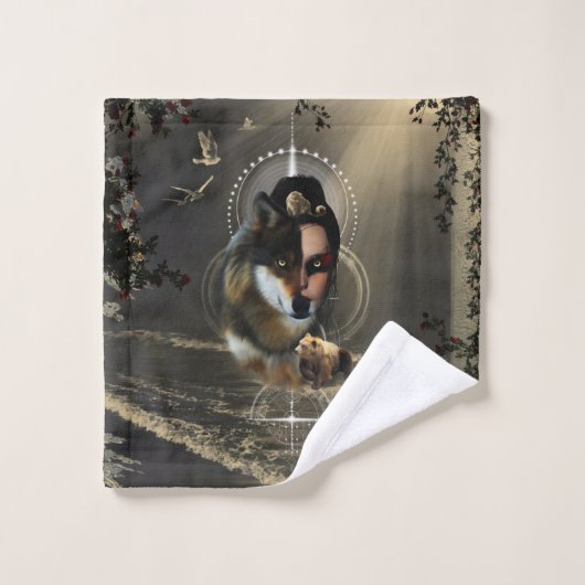 Geweldige wolf met fee bad handdoek (Wasdoekje)