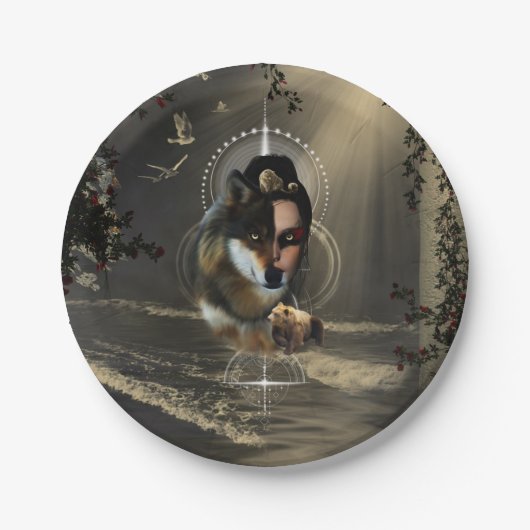 Geweldige wolf met fee papieren bordje (Voorkant)