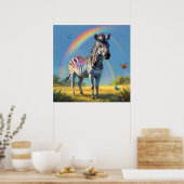 Geweldige Zebra in Wild met regenboog en vlinders Poster (Keuken)