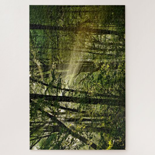 Geweldige zonnestralen in het ochtendbos legpuzzel (Verticaal)
