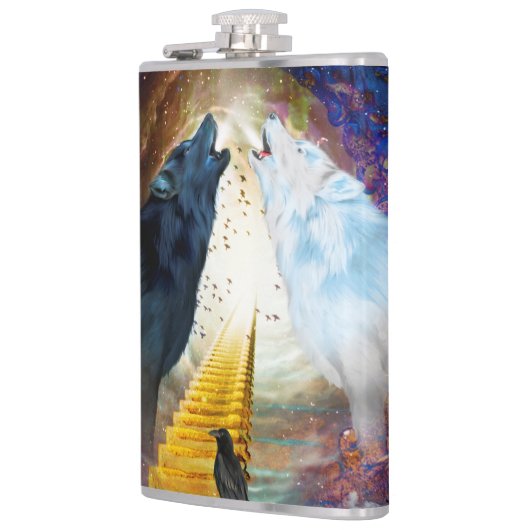 Geweldige zwarte en witte wolf heupfles (Links)