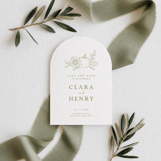 Gewelfde olijfgroene pompoen save the date kaart