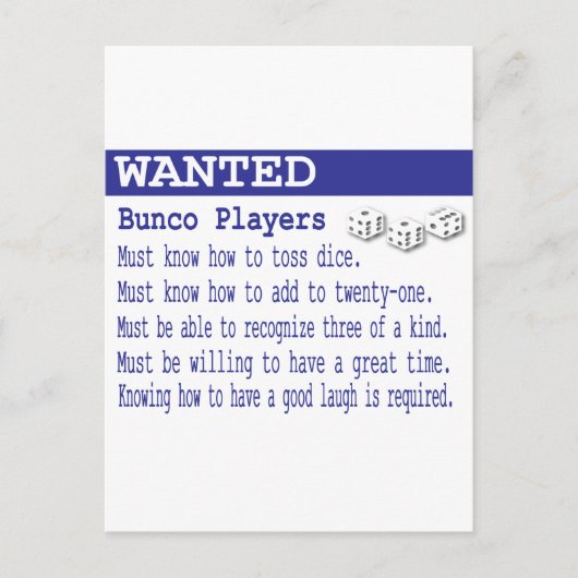 gewenste bunco-spelers briefkaart (Voorkant)