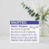 gewenste bunco-spelers briefkaart (Staand voorkant)