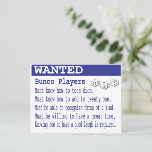 gewenste bunco-spelers briefkaart (Staand voorkant)