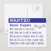gewenste bunco-spelers briefkaart (Voorkant / Achterkant)