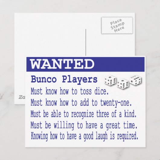 gewenste bunco-spelers briefkaart (Voorkant / Achterkant)