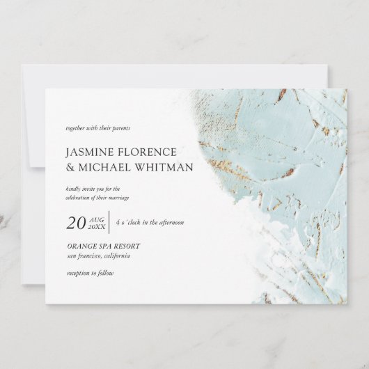 geweven blauw goud faux folie bruiloft uitnodiging (Voorkant)