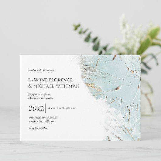 geweven blauw goud faux folie bruiloft uitnodiging (Staand voorkant)