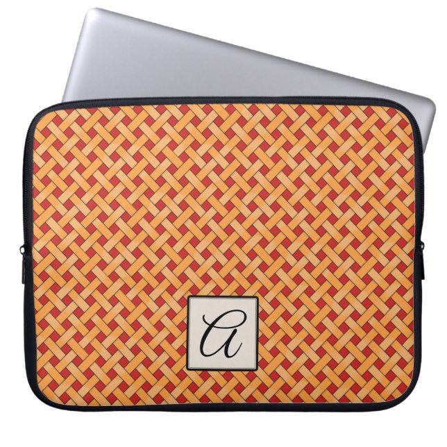 Geweven geel ritan op Custom Red met monogram Laptop Sleeve (Voorkant)