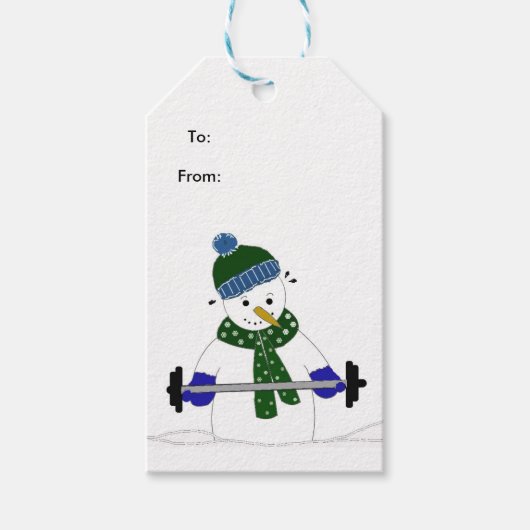 Gewicht Lifting Snowman Cadeaulabel (Voorkant)