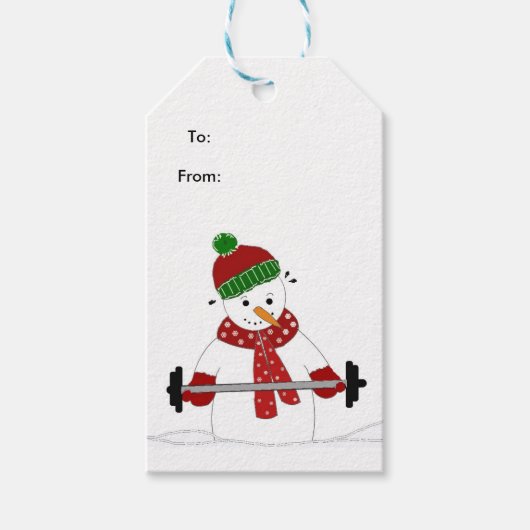 Gewicht Lifting Snowman Cadeaulabel (Voorkant)