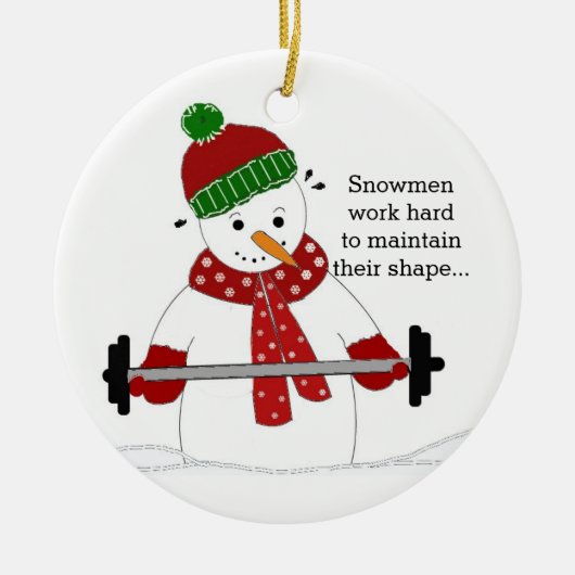 Gewicht Lifting Snowman Keramisch Ornament (Voorkant)