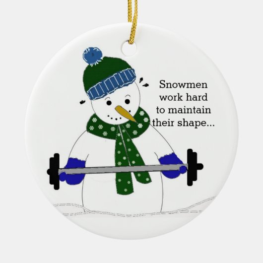 Gewicht Lifting Snowman Keramisch Ornament (Voorkant)