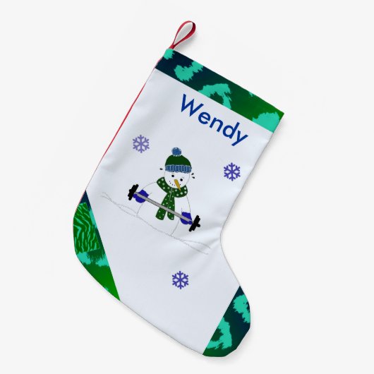 Gewicht Lifting Snowman Kleine Kerstsok (Voorkant (Hangend))