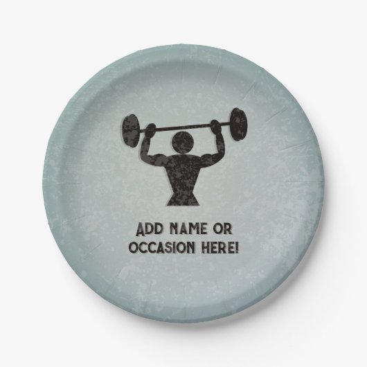 Gewichtheffen man en uw slogan robuuste look papieren bordje (Voorkant)