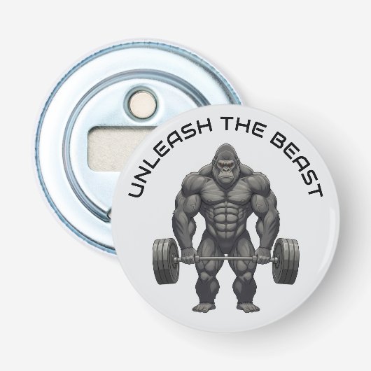 Gewichtheffende Gorilla Button Flesopener (Voorkant)