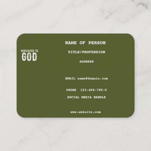 GEWIJD AAN GOD COOL ARMY GREEN AANGEPASTE WITTE TE VISITEKAARTJE (Voorkant)