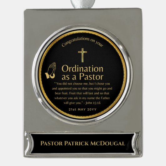 Gewijde Bijbeltekst Nieuw Toegewijd Pastor Ontworp Verzilverd Banner Ornament (Voorkant)