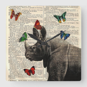 Gewijzigde Art Rhinoceros Butterflies Wall Clock Vierkante Klok
