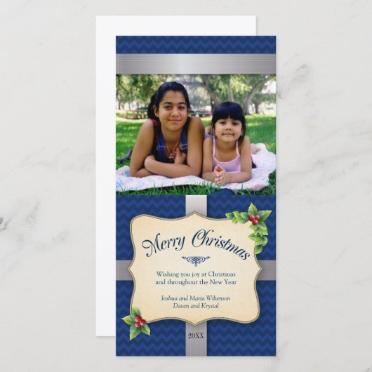 Gewikkeld geschenk Blauwe Chevron Kerstmis Feestdagenkaart (Voorkant / Achterkant)