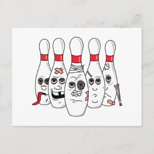 gewonde bowlingpennen cartoon briefkaart