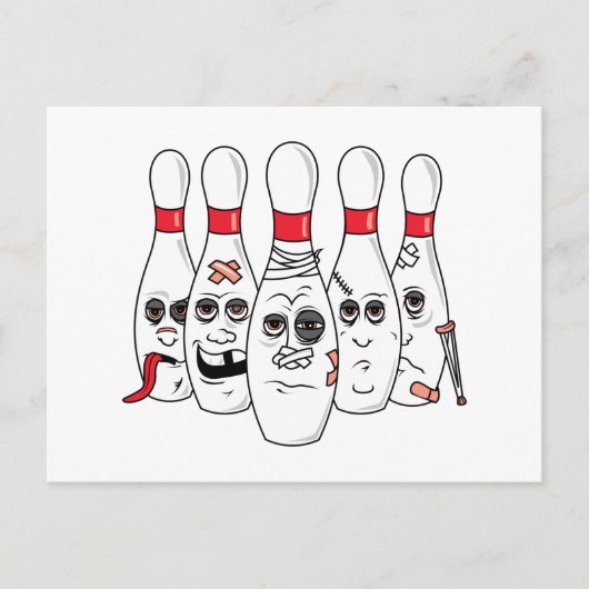 gewonde bowlingpennen cartoon briefkaart (Voorkant)