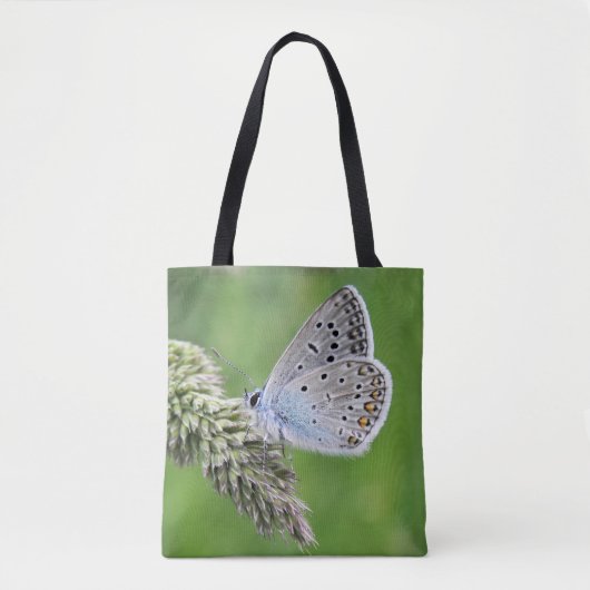 Gewone Blauwe Vlinder op Gras Tote Bag (Voorkant)