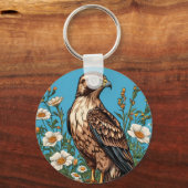 Gewone buizerd Vogel Te midden van Bloeiende Bloem Sleutelhanger (Voorkant)