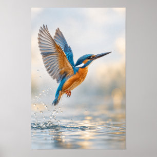 Gewone IJsvogel in Vlucht Boven Water Wildlife W Poster