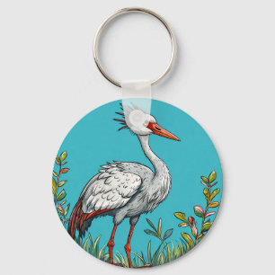 Gewone kraanvogel tussen bloeiende bloemen sleutelhanger