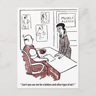 Gewone vrouw bij modellenbureau, humor, vintage briefkaart