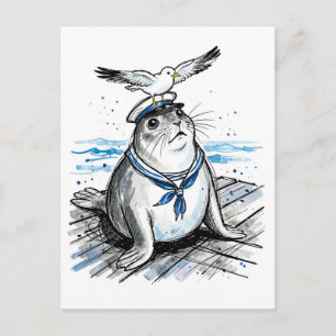 Gewone zeehond met meeuw in illustratie in marinei briefkaart