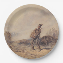 Gewonnen soldaat na de slag (oorlogsscène) papieren bordje