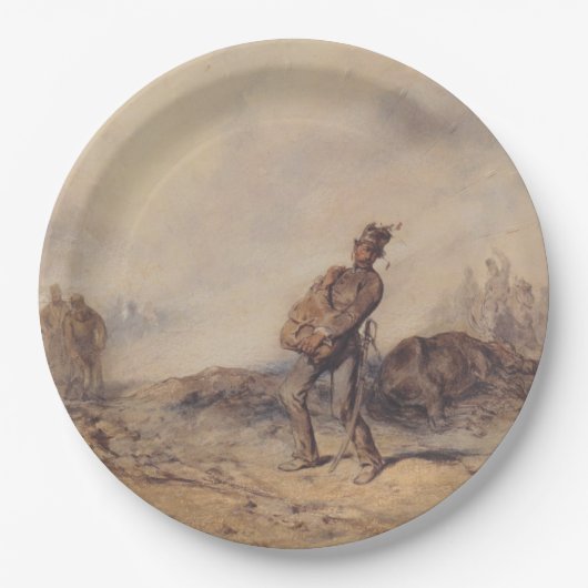Gewonnen soldaat na de slag (oorlogsscène) papieren bordje (Voorkant)