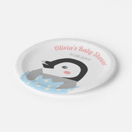 Gewoon Baby shower met kleine pinguïns Papieren Bordje (Gekanteld)