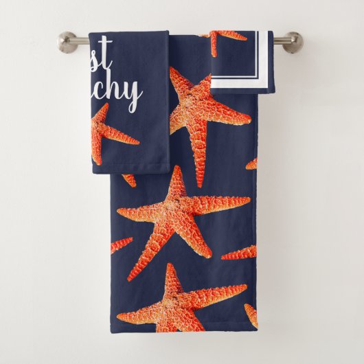 Gewoon Beachy Nautical Red Oranje Starfish & Navy Bad Handdoek (Insitu)