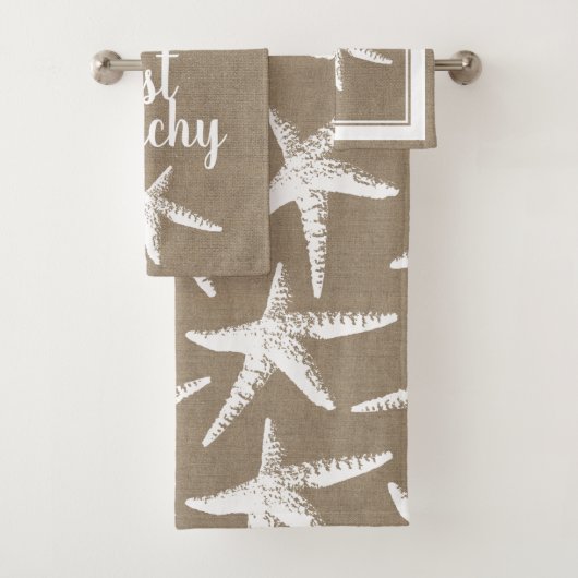 Gewoon Beachy Nautical White Starfish & Faux Burla Bad Handdoek (Insitu)